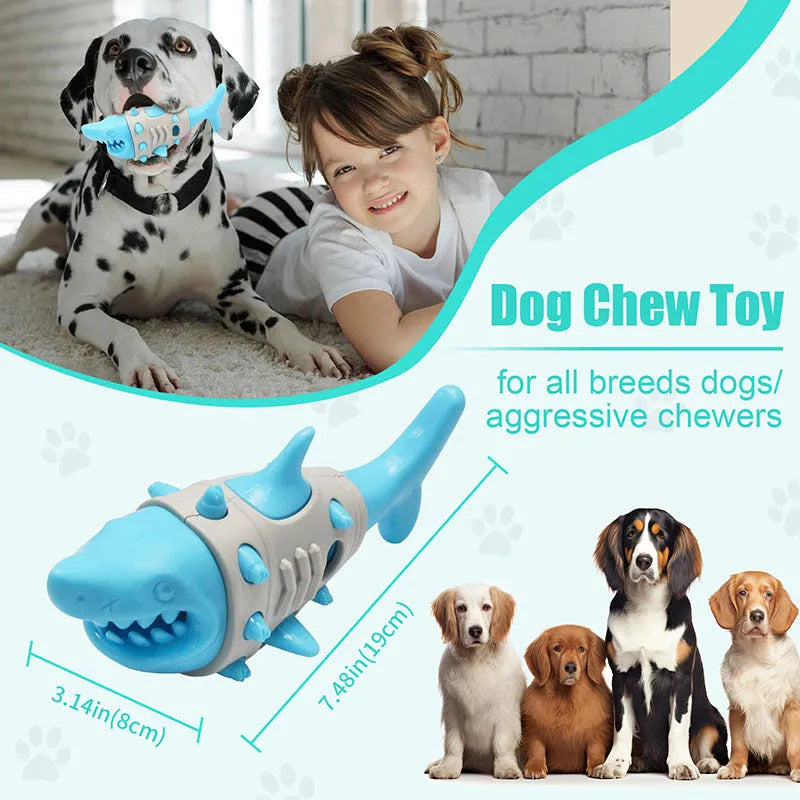 Blue shark-tooth dog chew toy with textured cleaning surfaces and bite-resistant construction