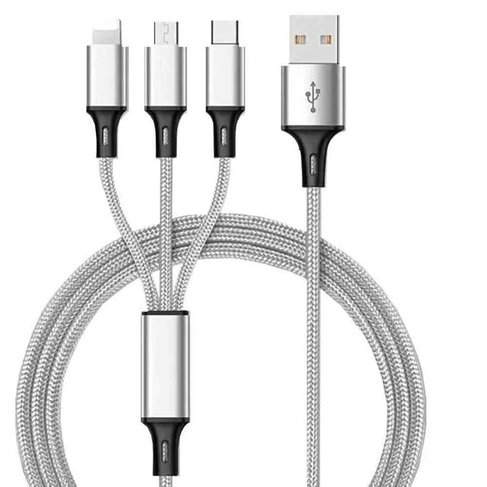 Braided 3-in-1 universal charging cable with aluminium alloy connectors for iPhone Android and Type-C devices