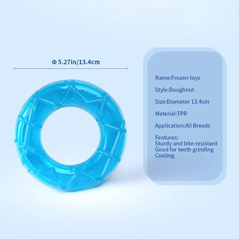 Water-filled dog popsicle cooling toy set showing pacifier, popsicle and ring shapes for summer pet relief