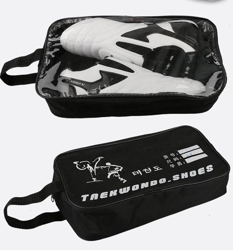 Black and white children's martial arts shoes with soft bottom and widened sole design