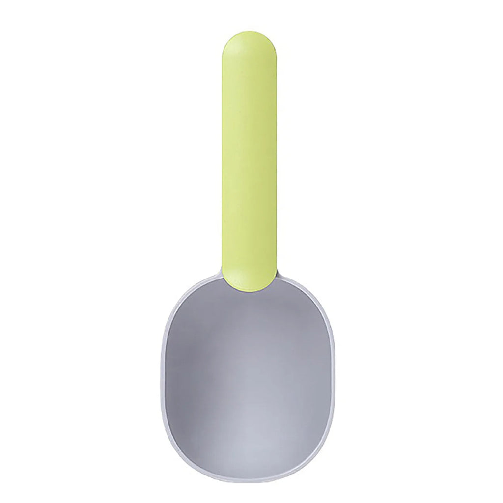 Blue plastic pet food scoop with 1 cup measure and bag clip handle on white background