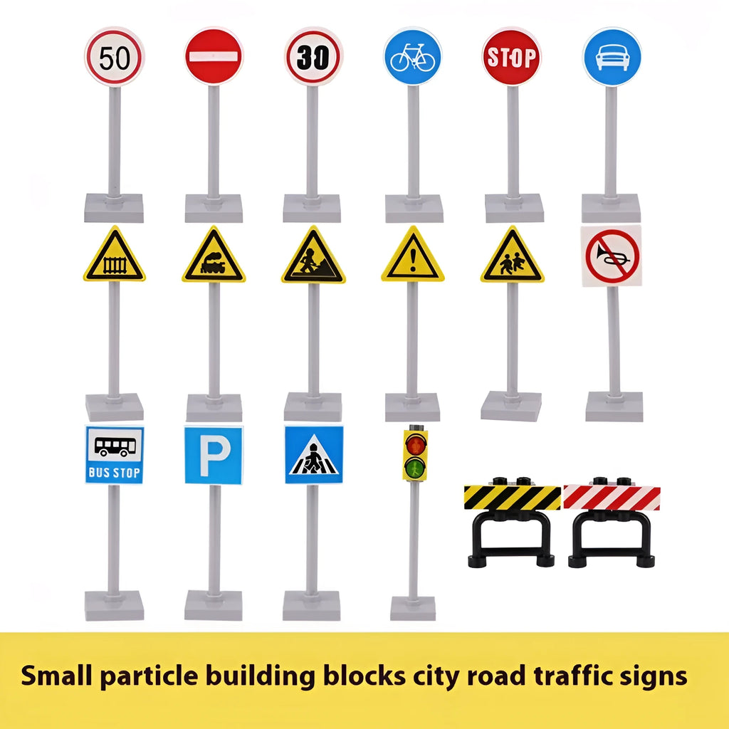 Traffic sign building blocks set with 18 plastic sign poles in yellow and orange colours on a white background