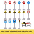 Traffic sign building blocks set with 18 plastic sign poles in yellow and orange colours on a white background