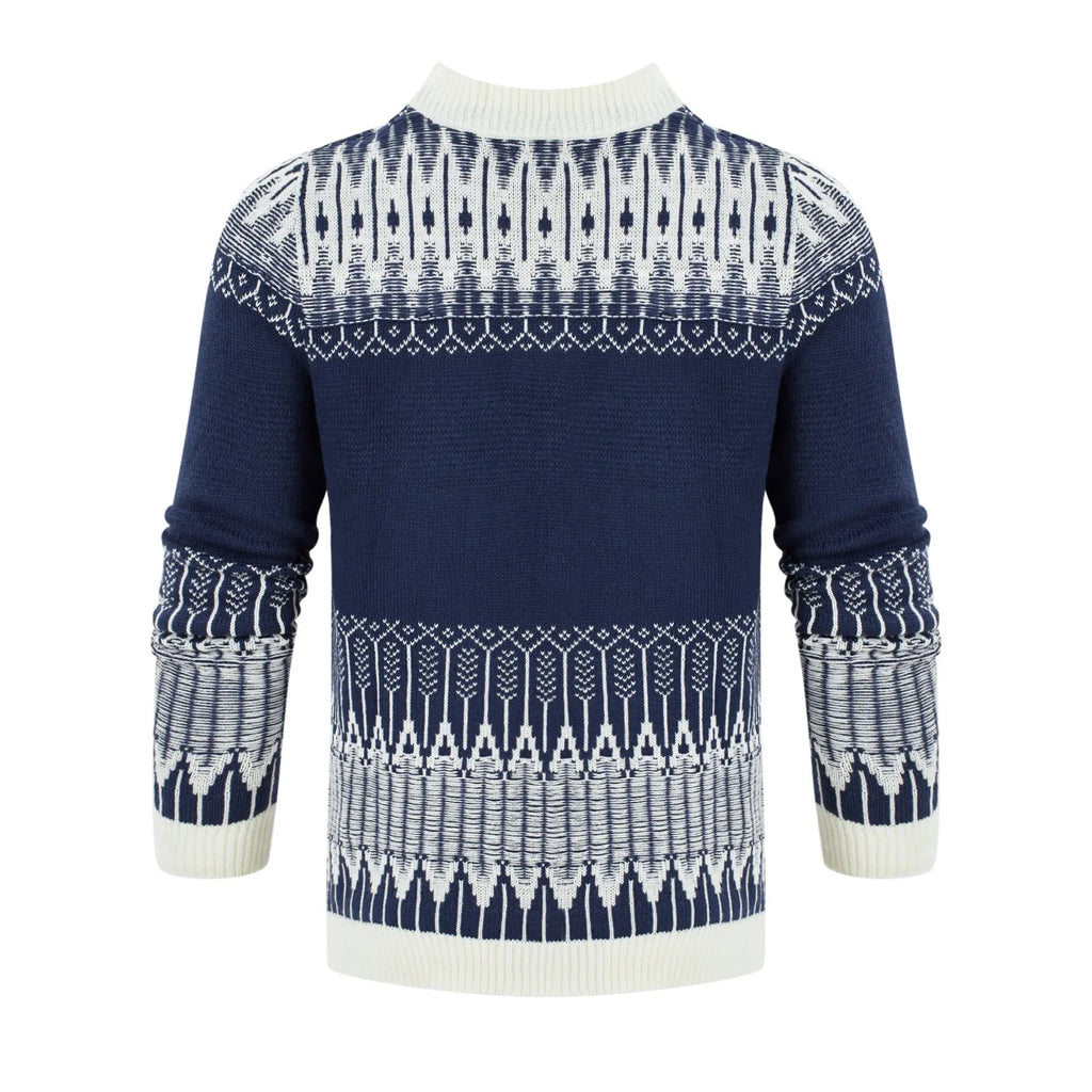 Men's grey knitted sweater with long sleeves, crew neck, and ribbed hem cuffs laid flat
