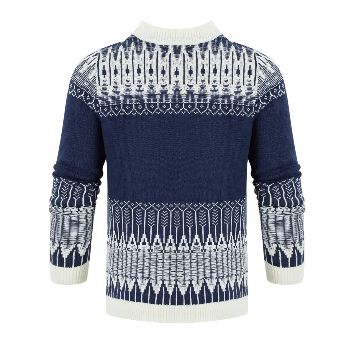 Men's grey knitted sweater with long sleeves, crew neck, and ribbed hem cuffs laid flat