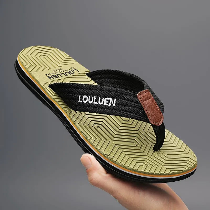 Men's open-toe flip flops with EVA upper and PVC sole in black, khaki or Matcha Green, sizes 40-45
