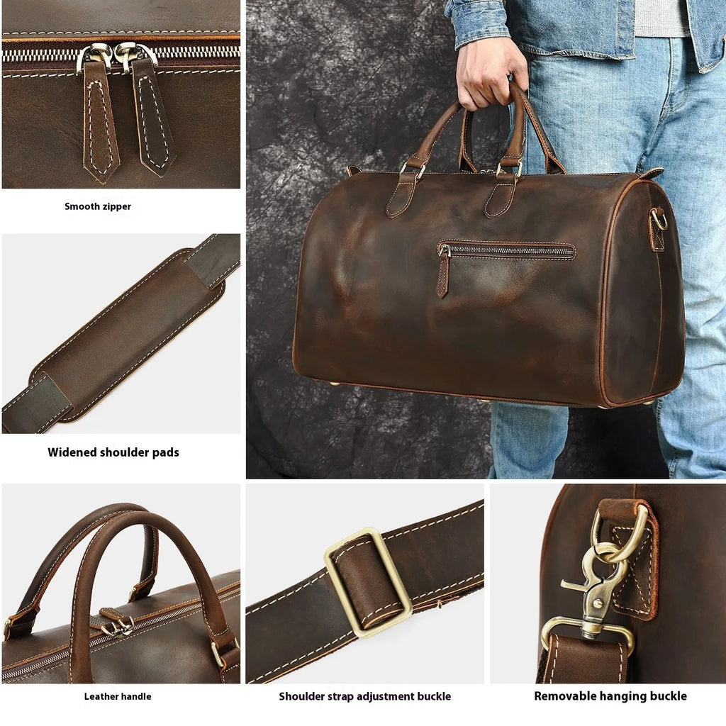 Men's vintage-style genuine leather crossbody bag in large size with crossbody strap.
