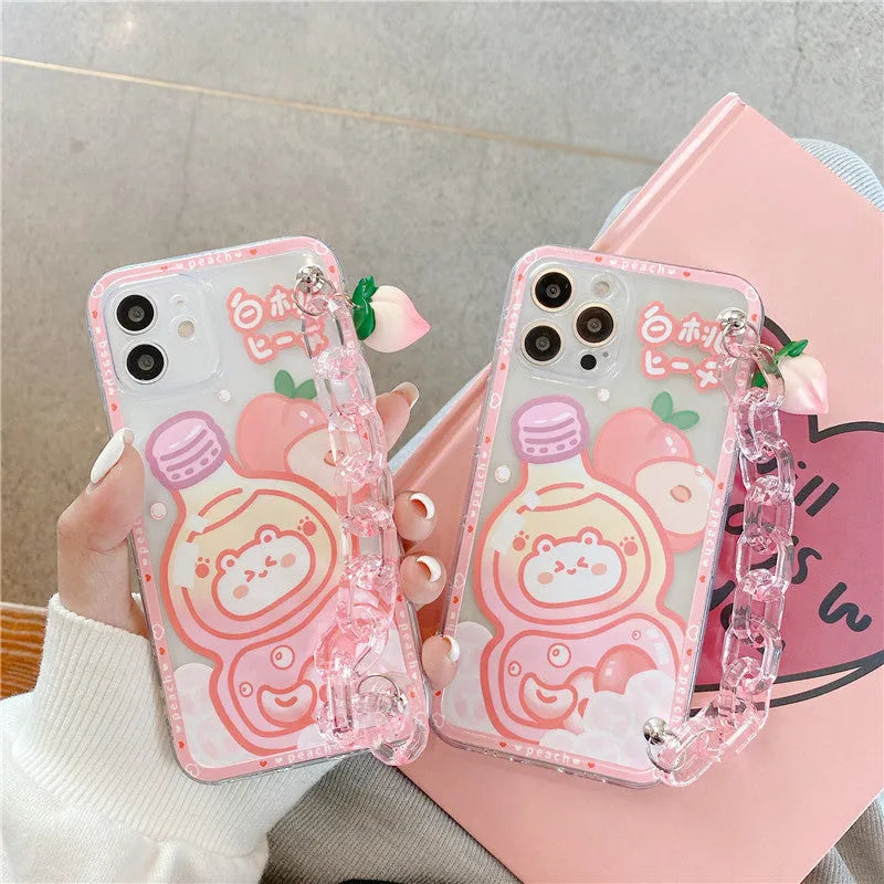 Bear white peach juice silicone phone case with summer drink chain design and bracelet for iPhone 11
