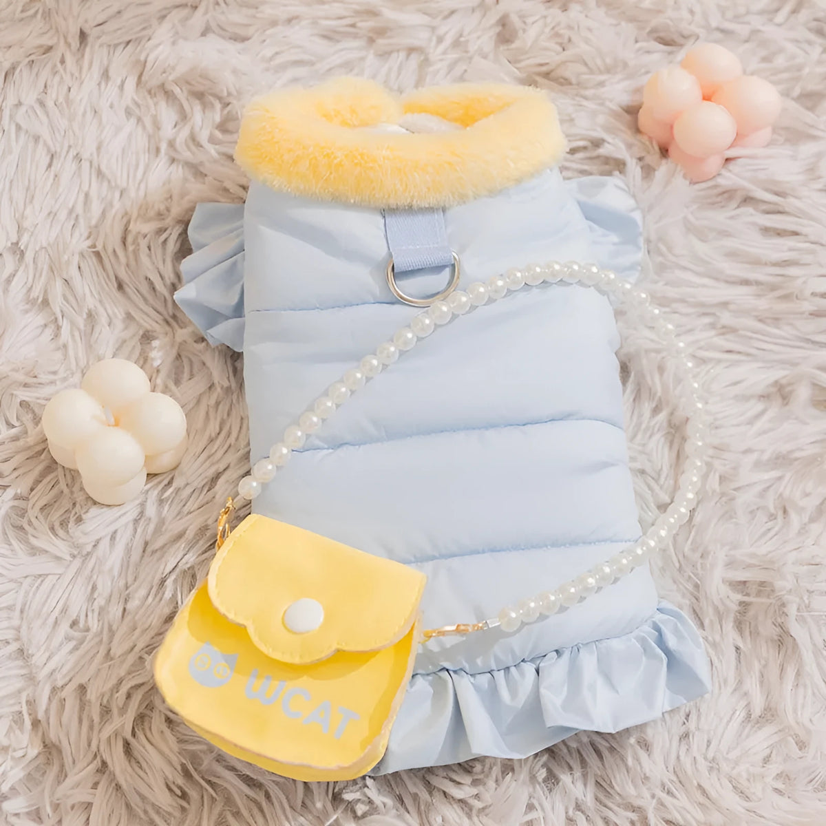 Warm fleece pet skirt for small dogs and cats with built-in D-ring, Blue or Pink, sizes XS to XL