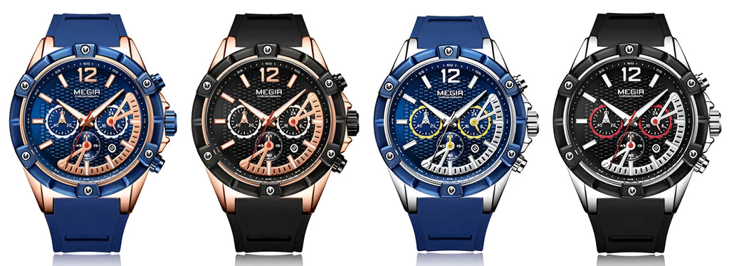 Men's fashion watch with 48mm case, chronograph, luminous hands, and 3 ATM water resistance in rose black.