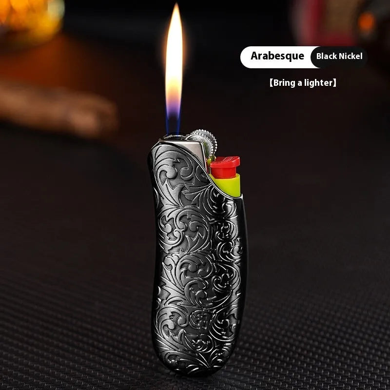 Banana shape zinc alloy gas lighter protective shell, 90 x 30 x 15mm, with metal toe cap guard and silver plated finish