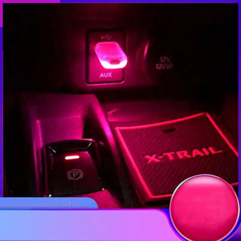 USB car night light with multiple colour modes for atmosphere, U-disk shape, flame-retardant ABS and metal construction