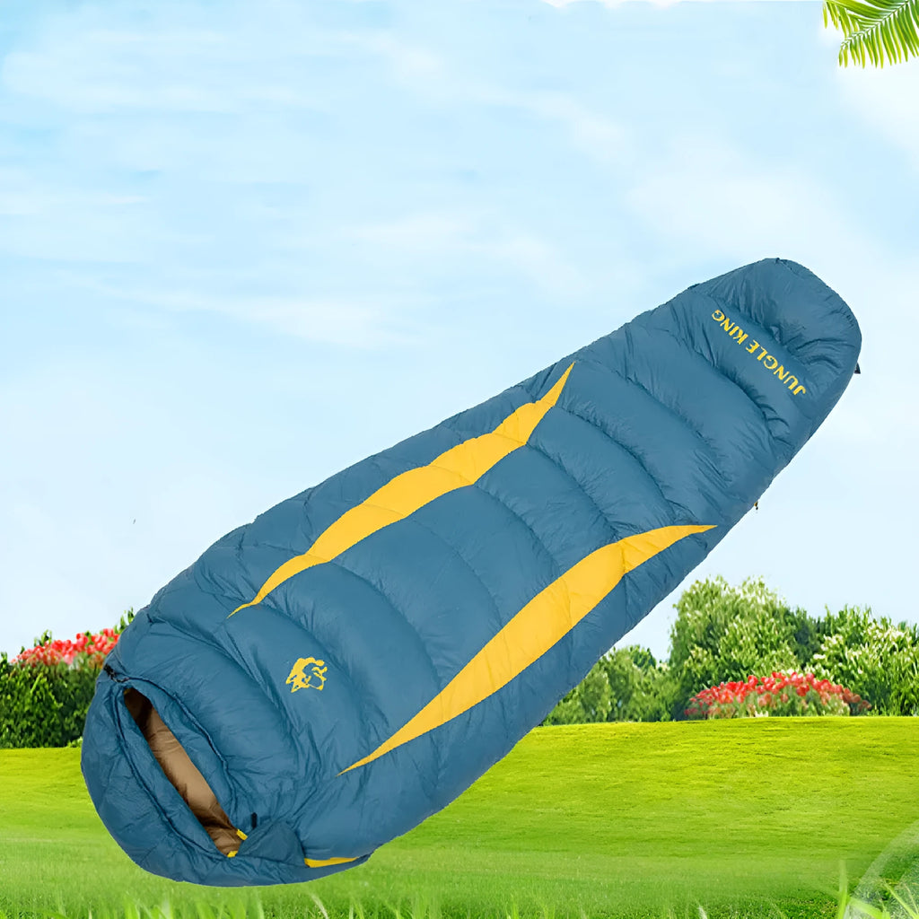Adult mummy sleeping bag with 900g duck down fill, 400T nylon shell, and 320T Chunya lining in fog blue and yellow