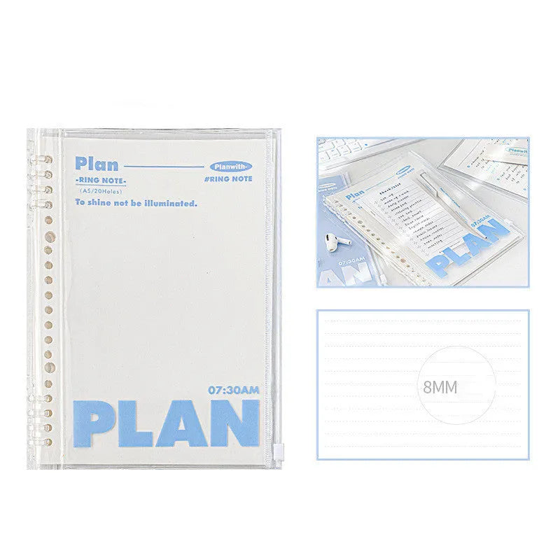 A5 loose spiral notebook with PVC binding in white and blue colour options showing removable page function