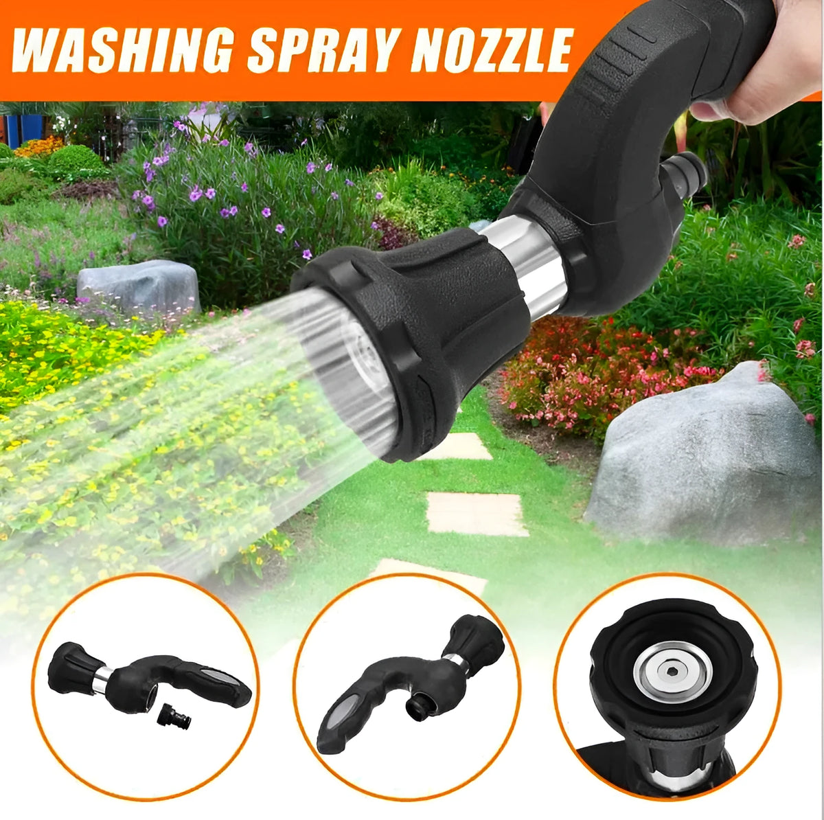 Black handheld high-pressure water spray gun with aluminium alloy gun head and ABS handle, 3 metre spray distance