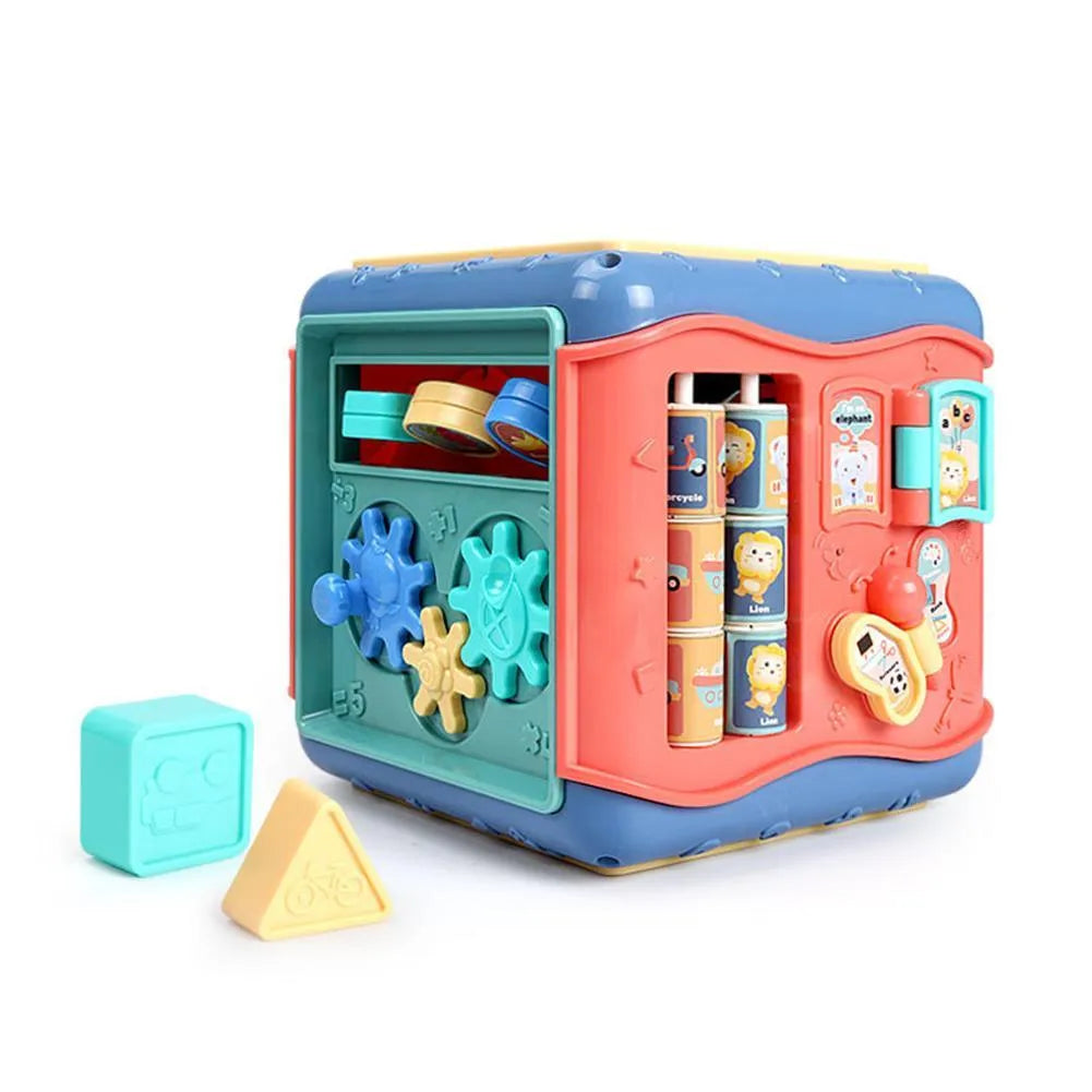 Baby hexahedron educational cube showing six sides with bead maze, clock, number tray, gears, car track, and butterfly activities