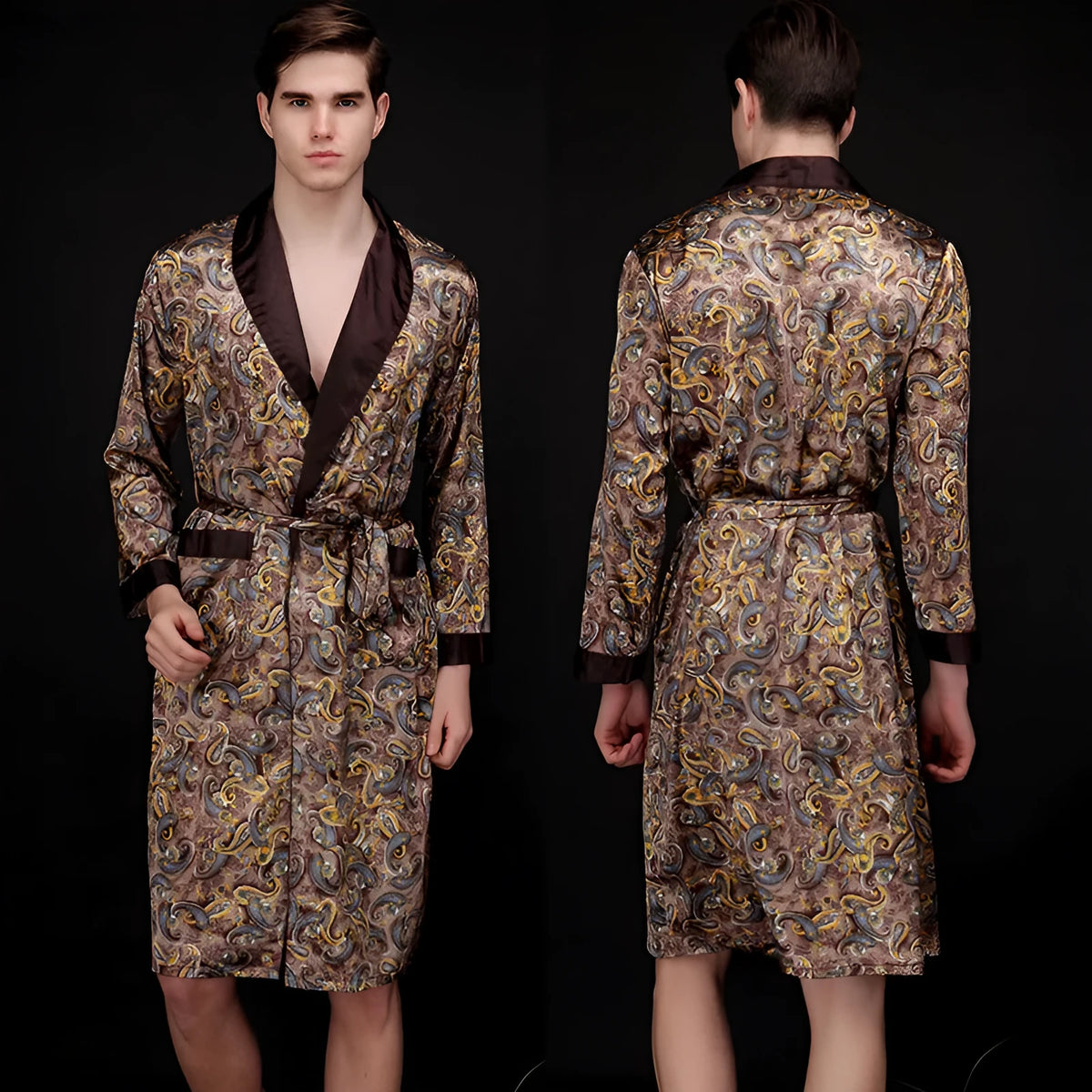 Men's long ice silk nightgown in coffee or navy blue, ultra-thin polyester summer sleepwear