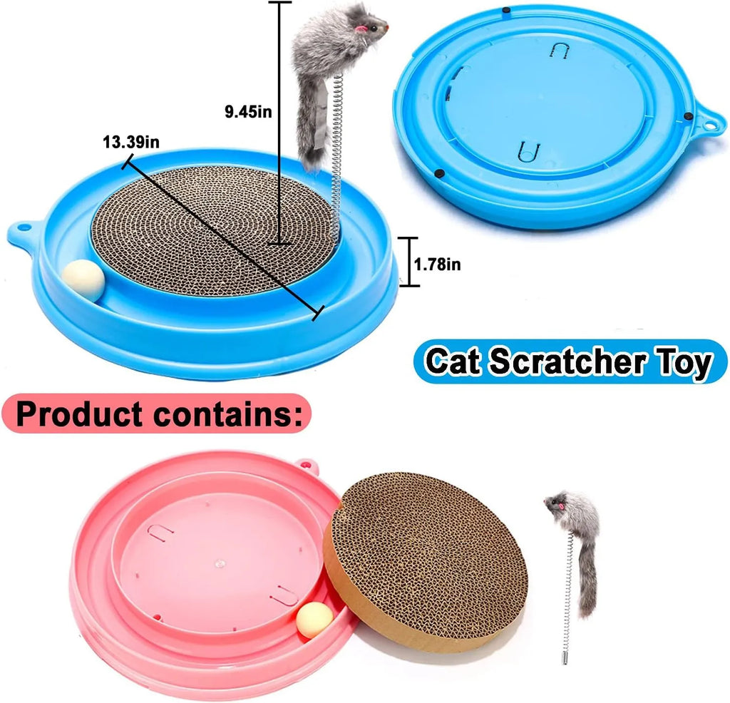 Round blue cat scratcher with ball track and central cardboard scratching pad for furniture protection