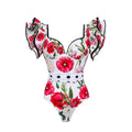 Women's printed one-piece polyester swimsuit on a hanger, showing rose pink, white, blue, and red apron design options.
