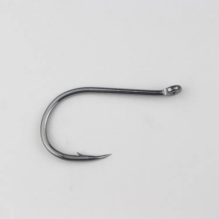 Barbed fishing hooks in various sizes from small to large on a blue background