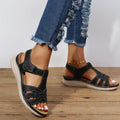 Women's Roman platform sandals with Velcro ankle strap, PU upper, rubber sole, round toe, black or brown