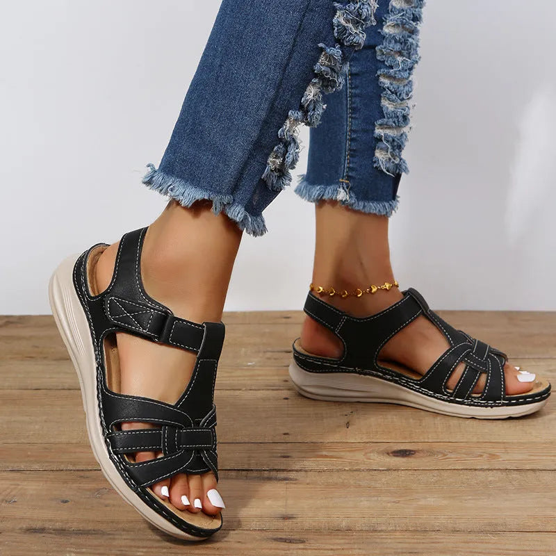 Women's Roman platform sandals with Velcro ankle strap, PU upper, rubber sole, round toe, black or brown