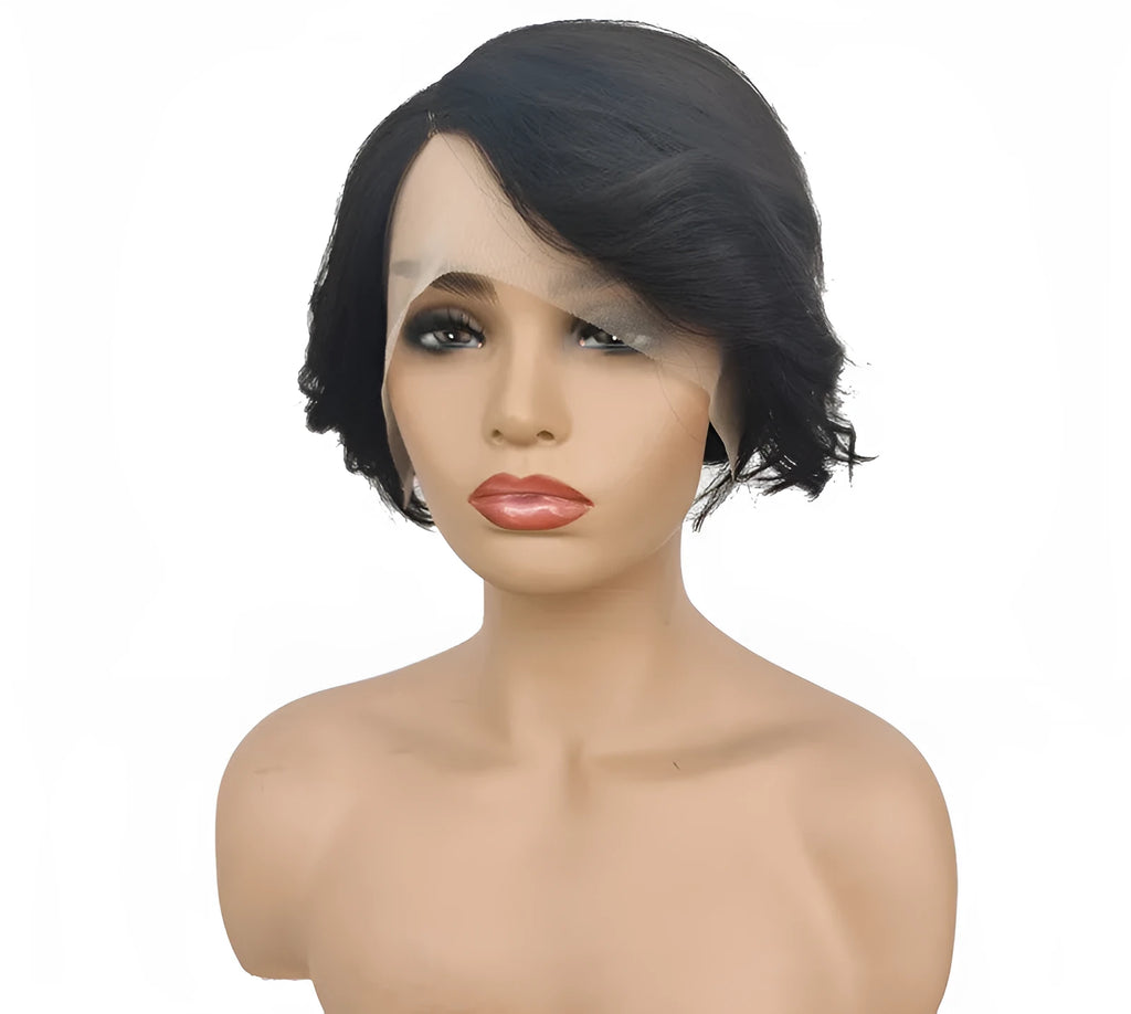 Short real hair lace wig for ladies with oblique bangs and hand-woven construction in colour CYFZ1004F