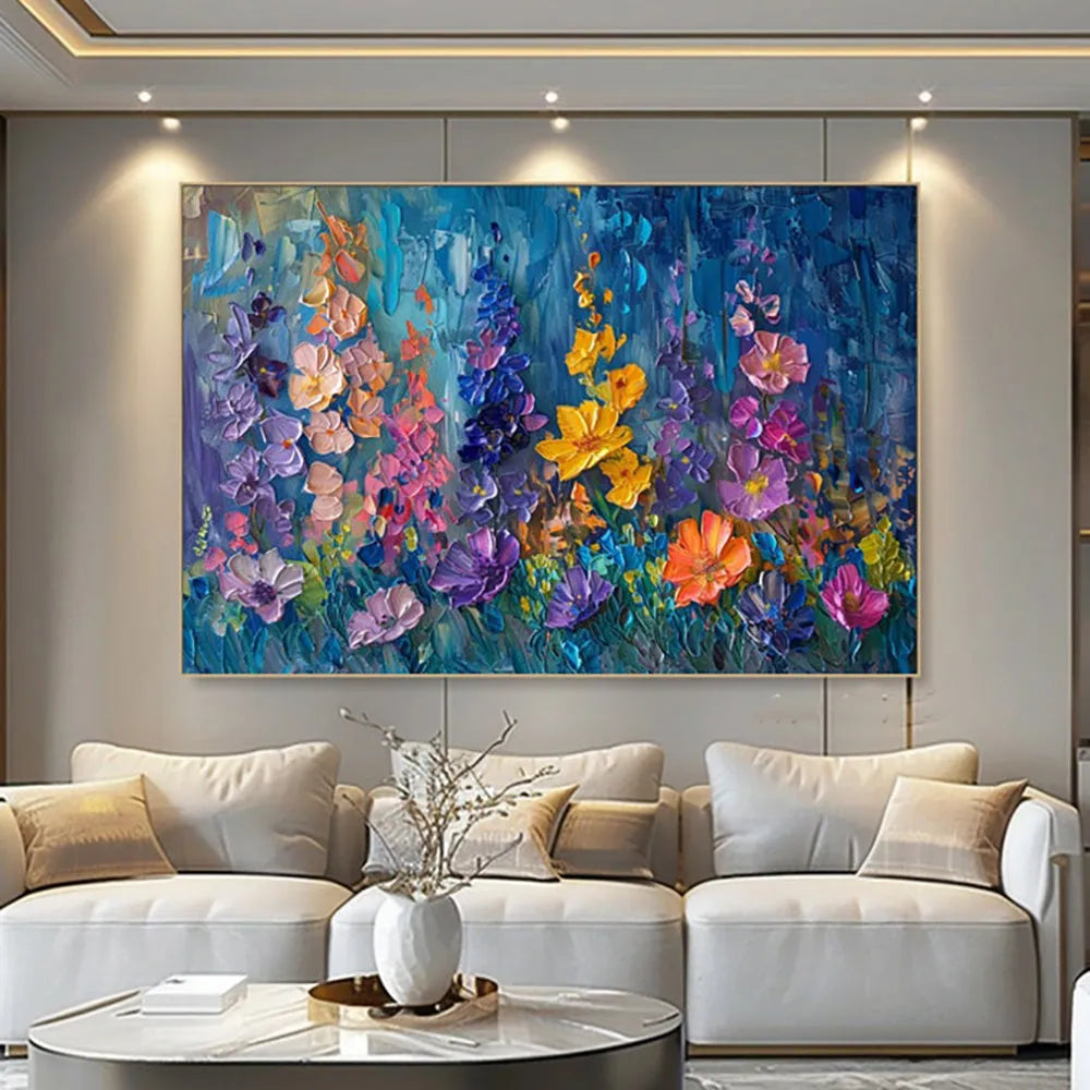 Handmade 3D thick oil flower painting on canvas, rolled frameless modern abstract wall art