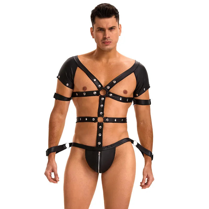 Men's black imitation leather bodysuit, three-point low cut uniform style, sizes M to XXL