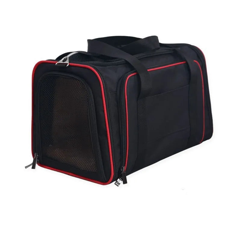 Black pet trolley bag with grey-blue border, mesh panels, size 46x28x28cm for pets up to 7.5kg
