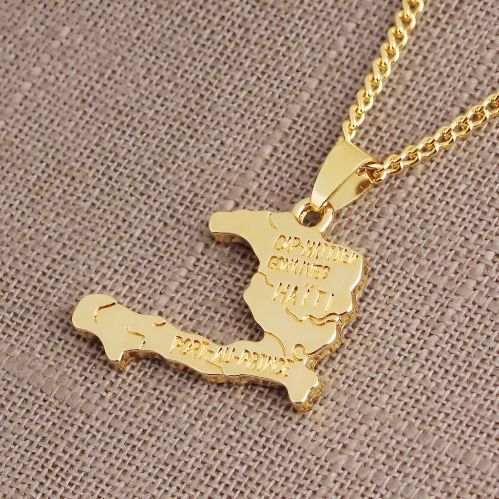 Gold-colour alloy Haiti map necklace with snake bone chain and extension chain under 10cm
