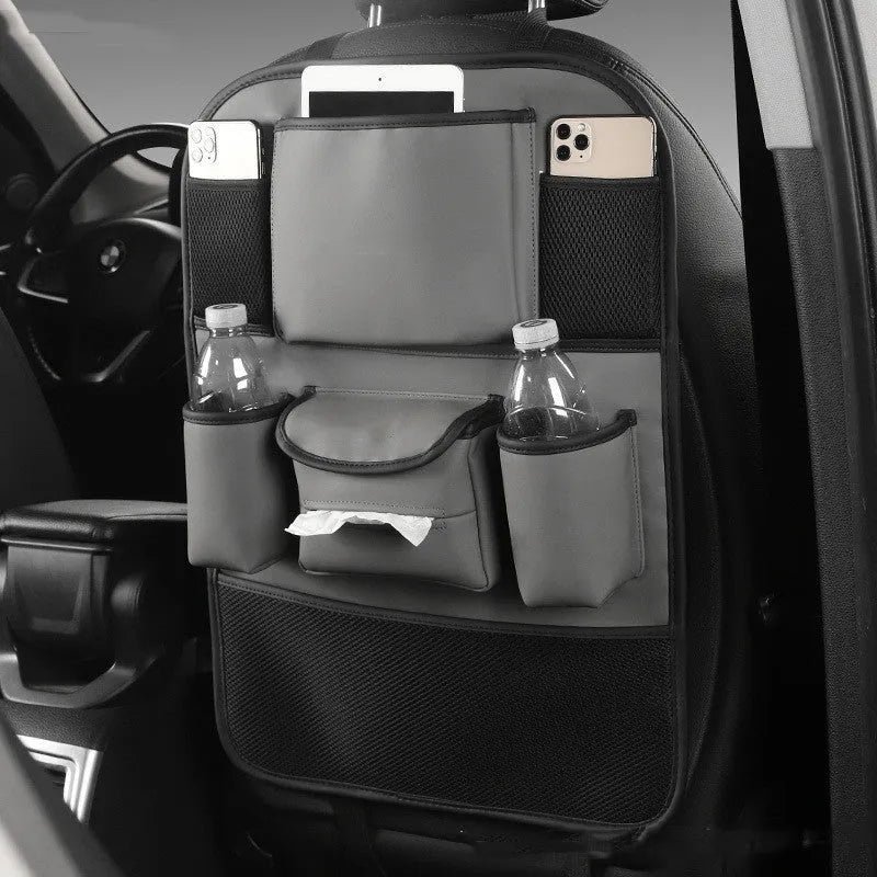 Leather car seat back storage bag in colour options of black, grey, green, and brown for hanging vehicle organisation.