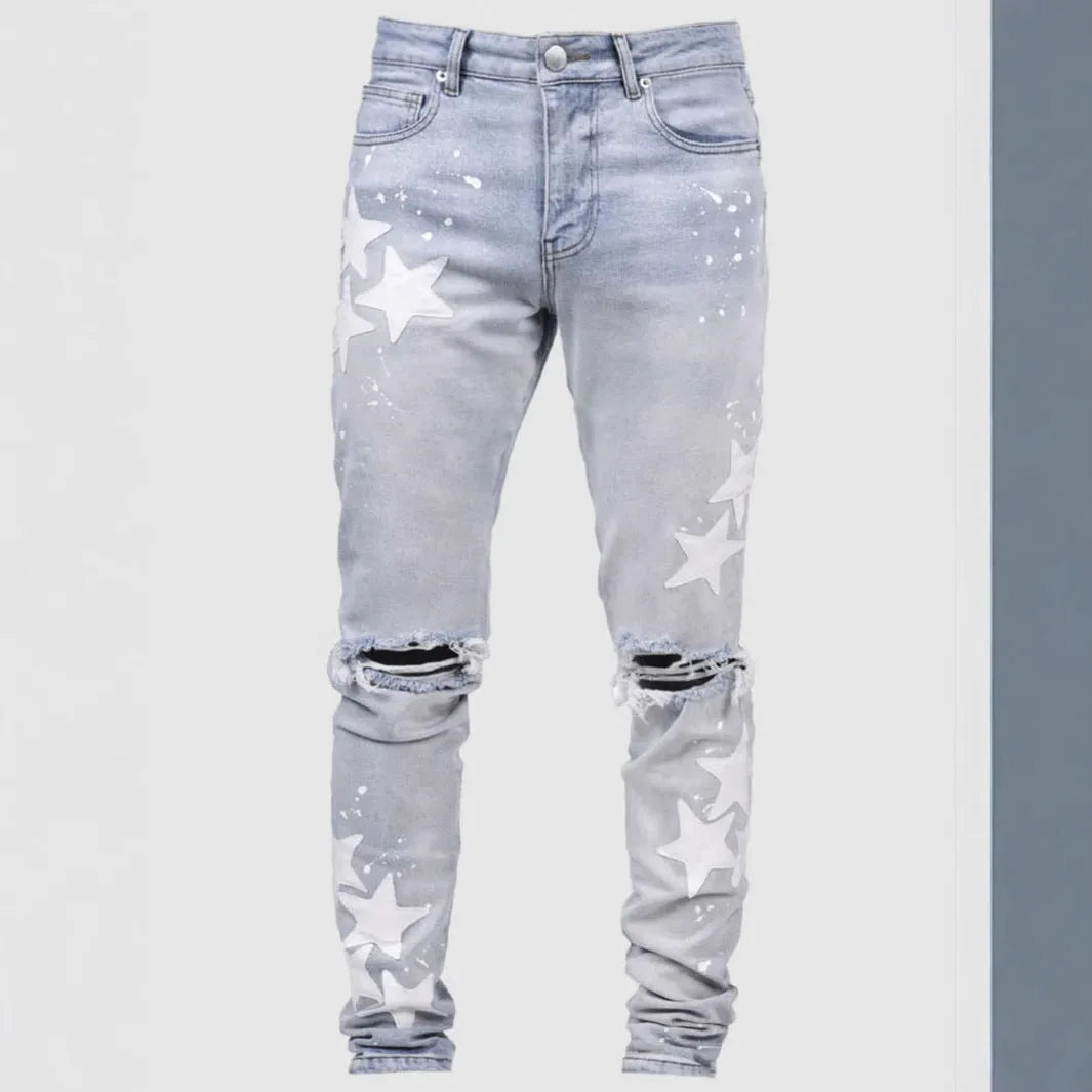 Men's slim fit stretch jeans in gray, blue or light blue with embroidered detail, mid waist and tight leg