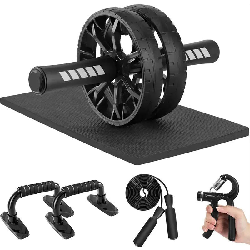 Indoor push-up bracket and abdominal wheel fitness set in red, green, black, or blue.