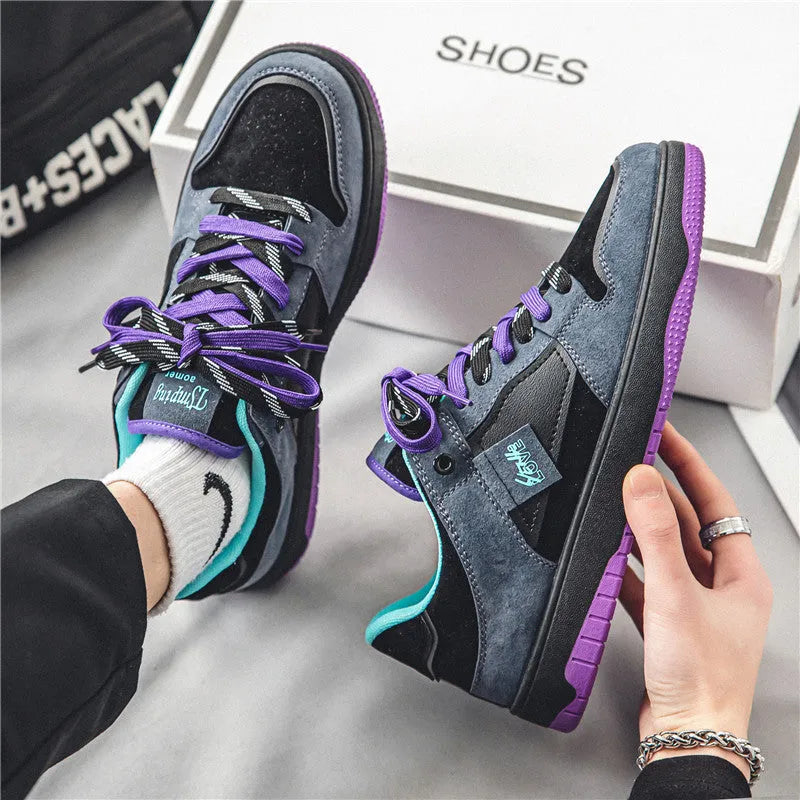 Men's low-top board shoes with colour-matching artificial PU upper, mesh lining, front lace-up, and PVC sole in black purple.