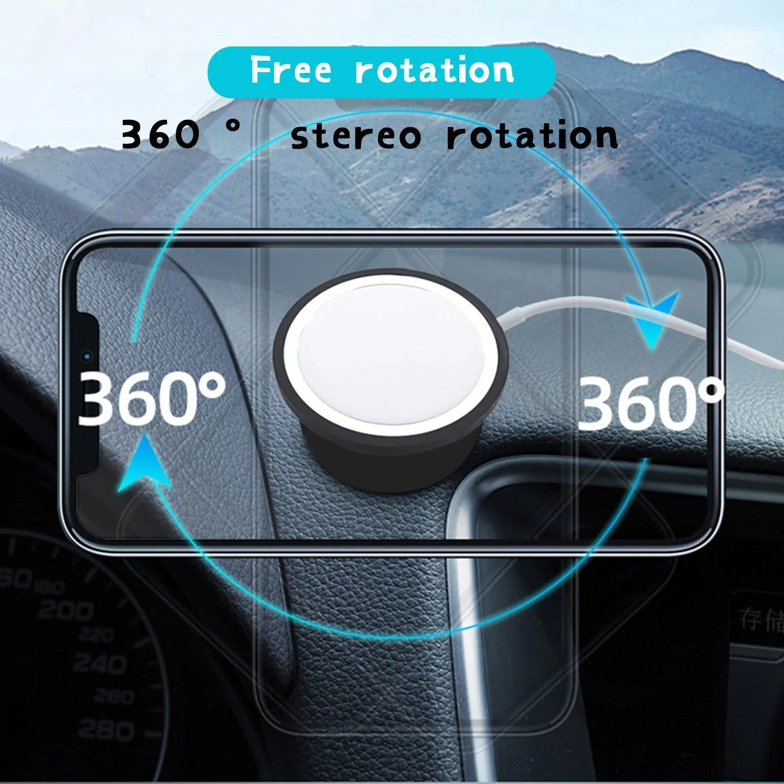 Black magnetic car phone holder showing vent mount and base mount options