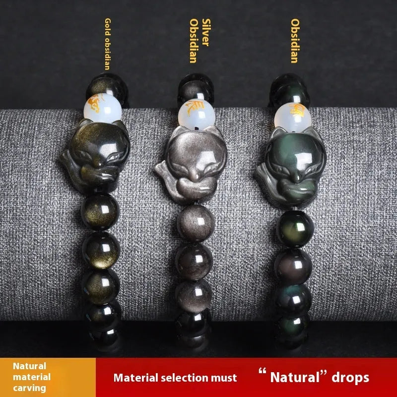 Natural black obsidian bracelet with 10mm beads and zodiac design in gold, silver, or pure stone variations