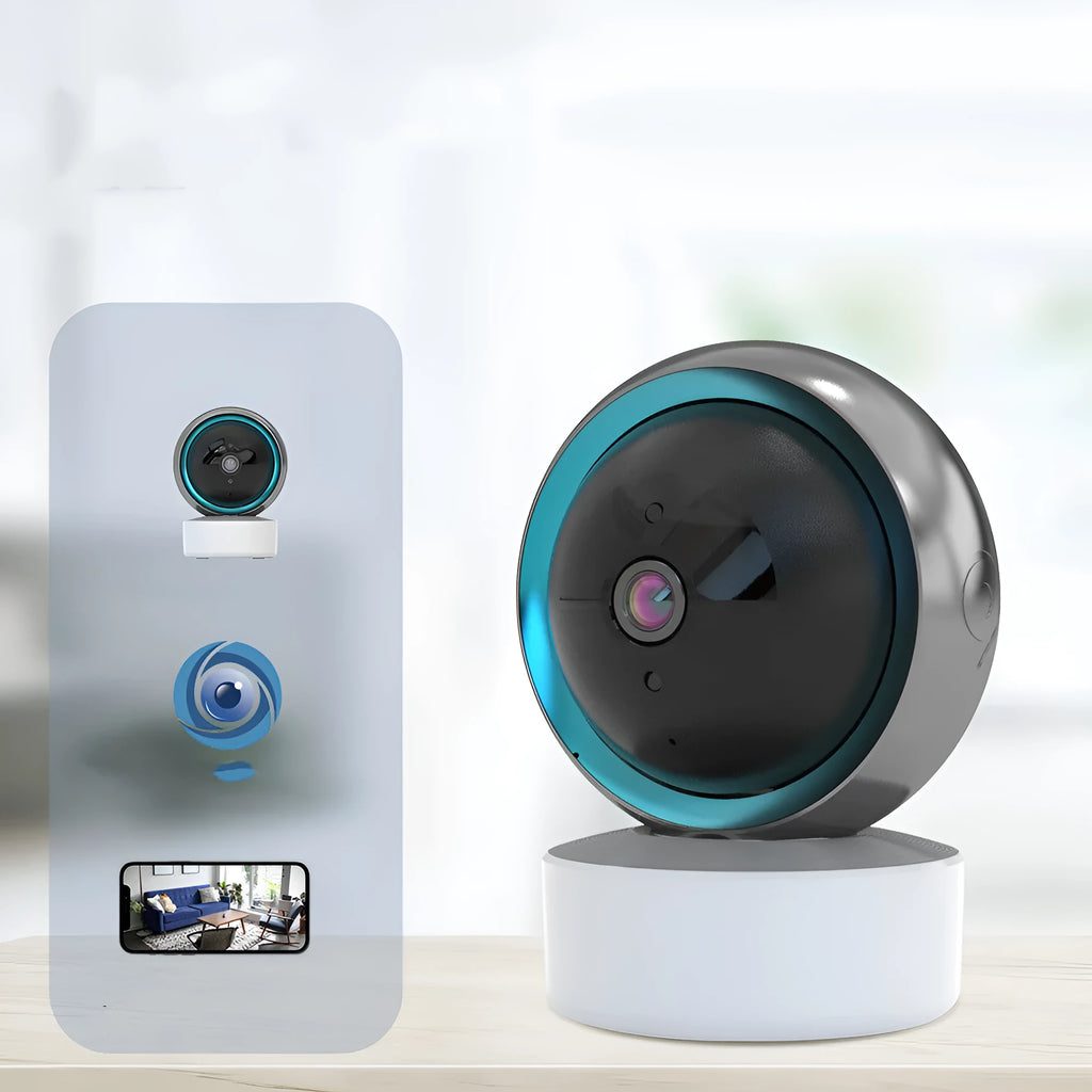 White 360-degree rotating indoor Wi-Fi security camera on a table with a UK plug power cord.