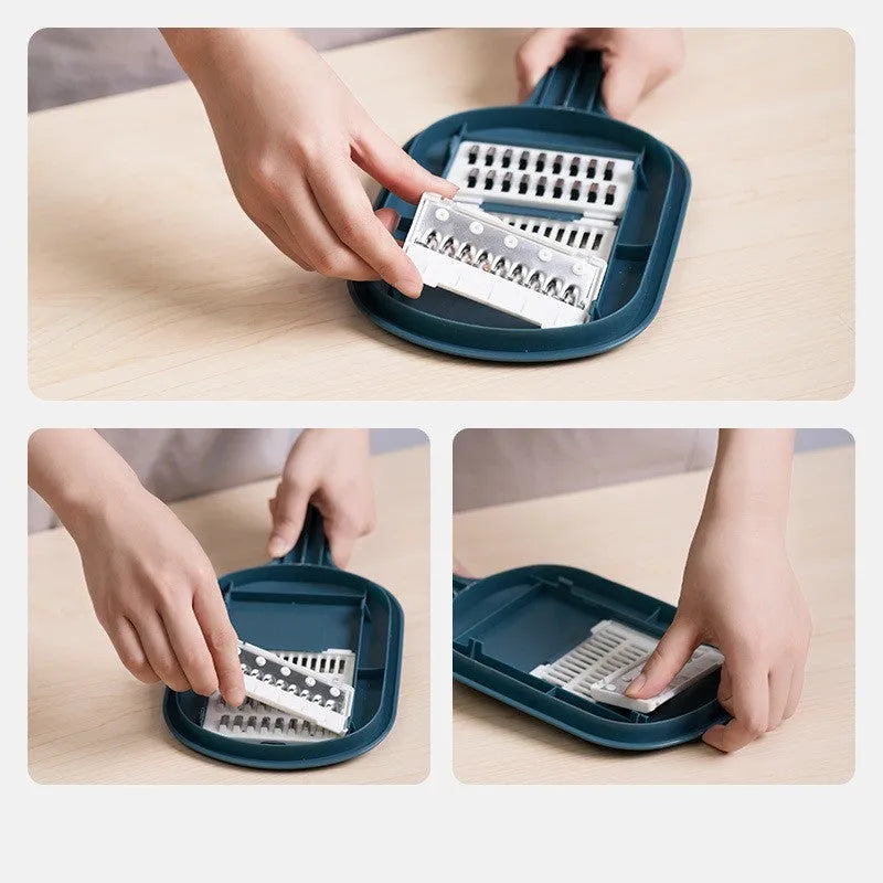 Vegetable cutter with four blades, hand protector, drain basket, bottom basin, 28.5 x 8.5cm, stainless steel and ABS