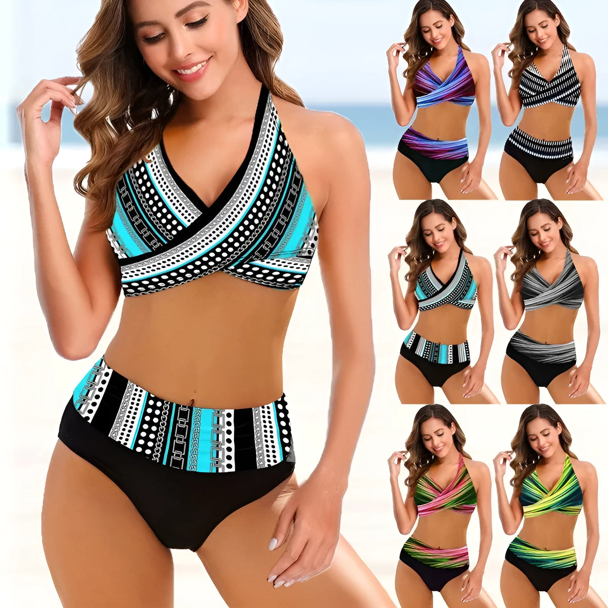 Ladies striped tie-dye hollow bikini set on a model, showing high-waisted briefs and backless design.