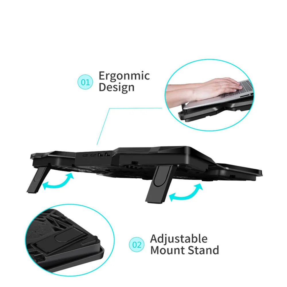 Laptop cooling base with four LED exhaust fans, USB ports, and control switches on blue or red background