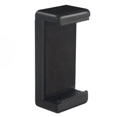 Black single phone holder with rotating clamp on a desk, measuring 10mm by 4mm by 3.5mm