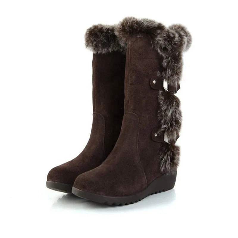 Women's mid-calf winter snow boots with faux fur lining, slip-on round toe and low heel, black or light brown