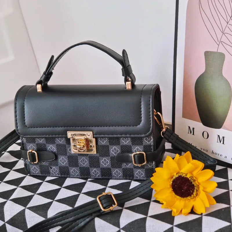 Retro small square pattern crossbody bag in structured PU leather with internal file bag organisation