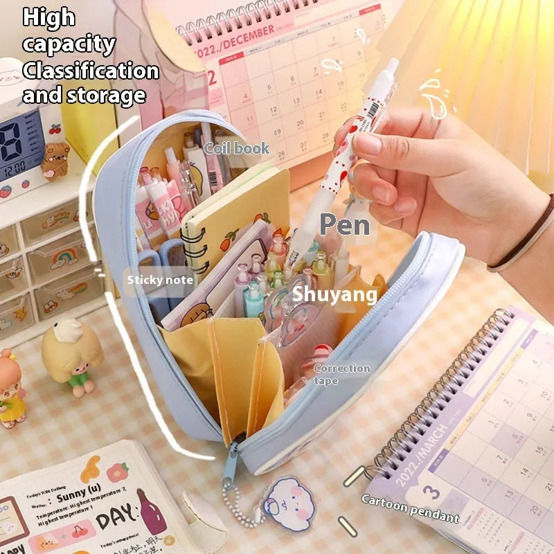 Transparent PVC student pencil case with vertical South Korea style candy bear design