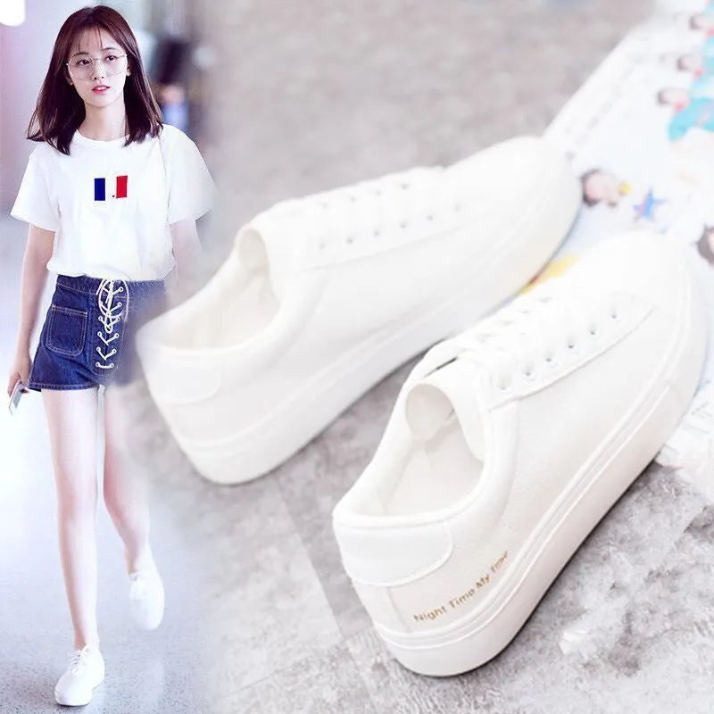 Women's white canvas sneakers with rubber sole and polyester lining, sizes 35-40, casual trainers
