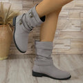 Women's denim leather boots with square heel, round toe, mid heel 3-5cm, high cylinder, artificial PU upper, rubber sole