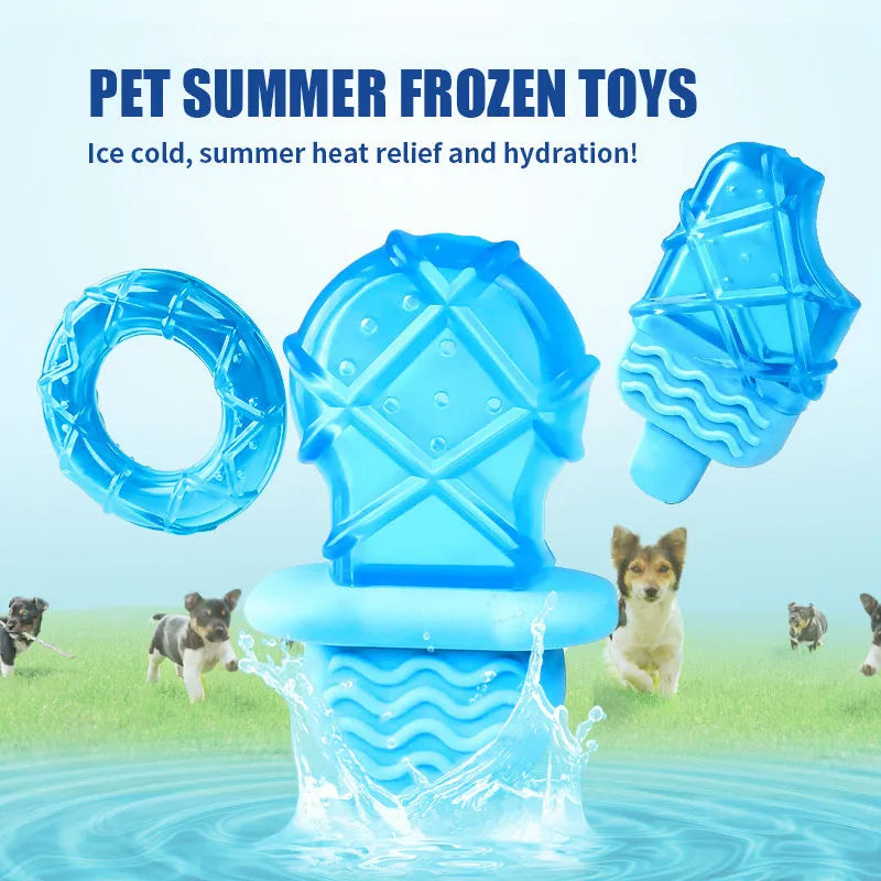 Water-filled dog popsicle cooling toy set showing pacifier, popsicle and ring shapes for summer pet relief