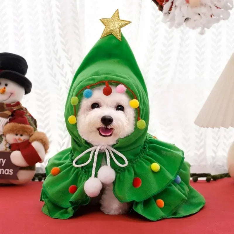 Green and red Christmas pet cloak dog shawl in sizes S M L with width height and head measurements