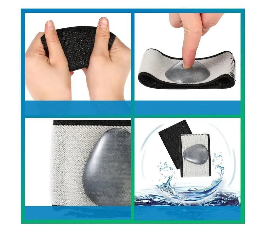 A pair of white elastic foot bandages with a central heart-shaped pad for arch support, on a plain background.